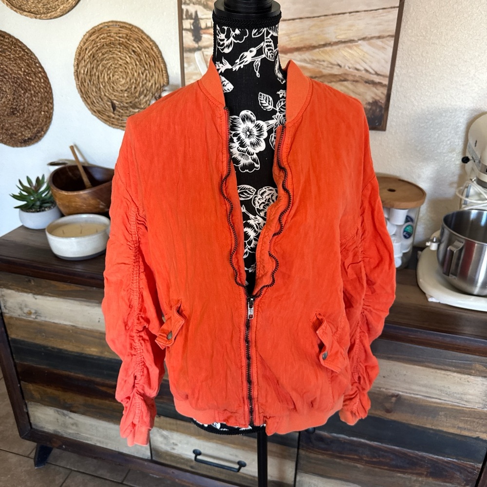 Free People Orange Ruched Bomber Jacket